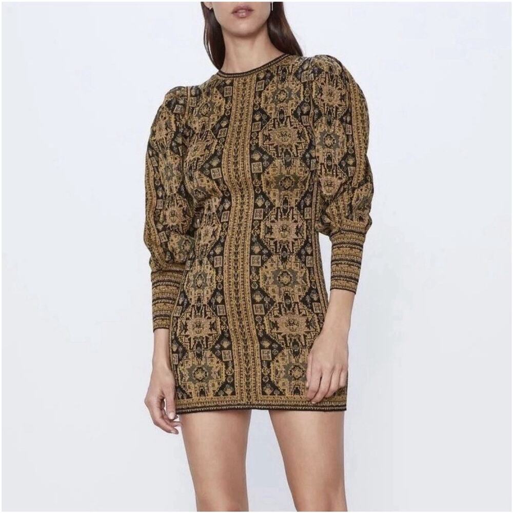 Zara Jacquard Mini Dress Women's Size Medium Black Gold Puff Sleeve Exotic Rug